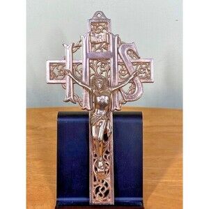 Vtg INRI IHS Crucifix Jesus Christ Ornate Gold Brass Tone Wall Hanging Catholic